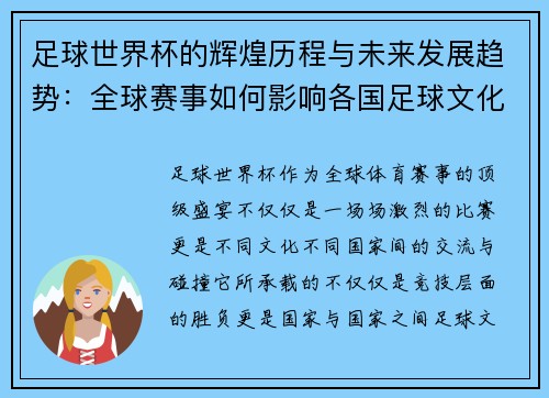 足球世界杯的辉煌历程与未来发展趋势：全球赛事如何影响各国足球文化与竞技水平