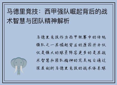马德里竞技：西甲强队崛起背后的战术智慧与团队精神解析