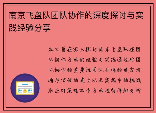 南京飞盘队团队协作的深度探讨与实践经验分享